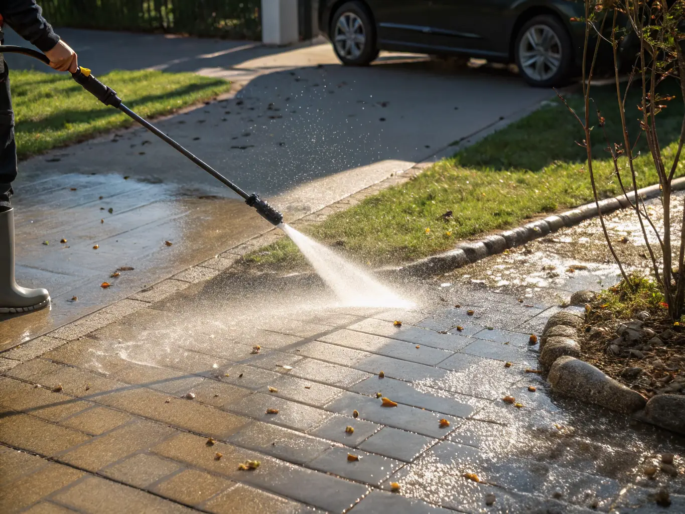 A professional pressure washing a concrete driveway, removing dirt and grime, showcasing the effectiveness of Shasta Property Wash's concrete cleaning services.